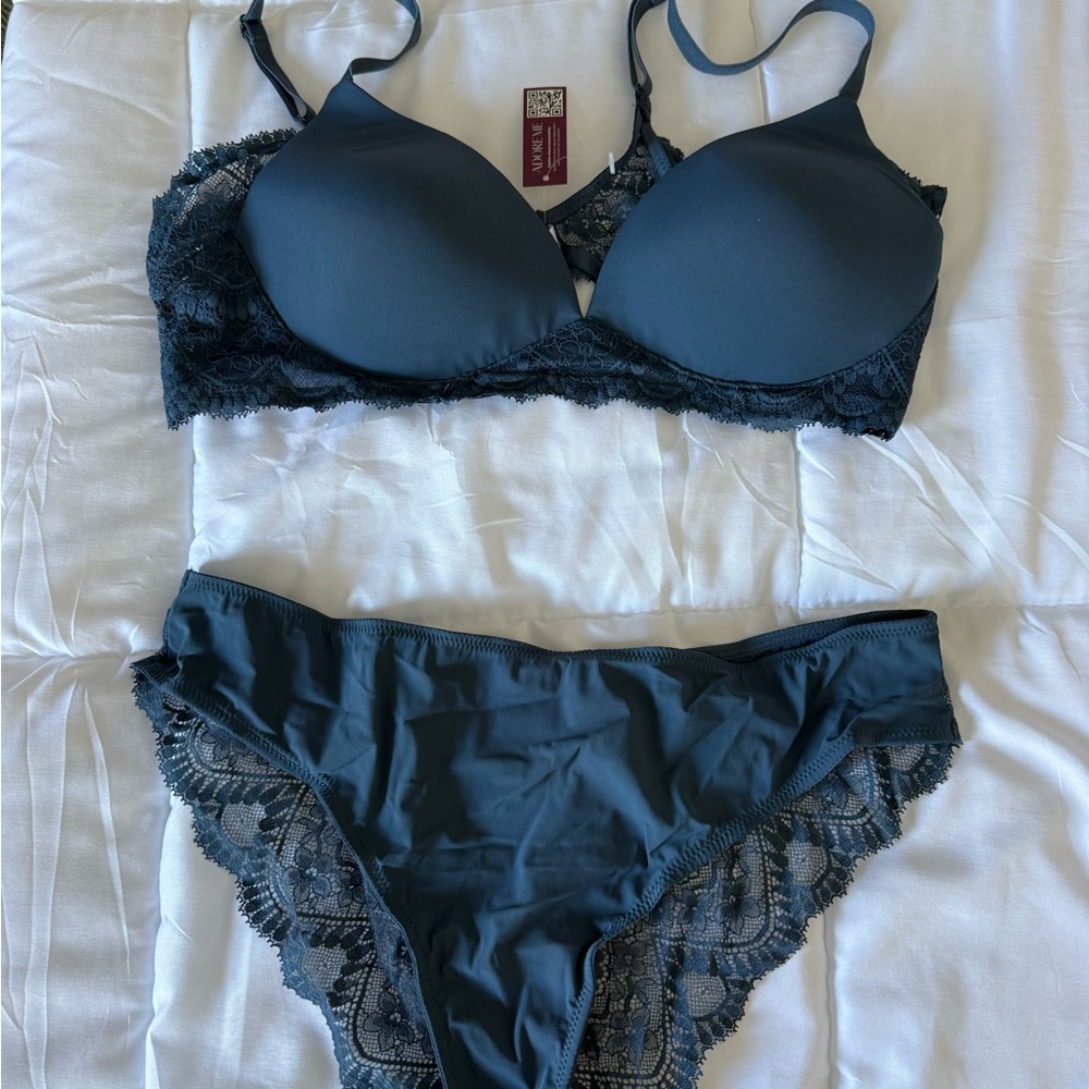 Adore Me Lace Accent Bra and Panty Set - Dark Blue